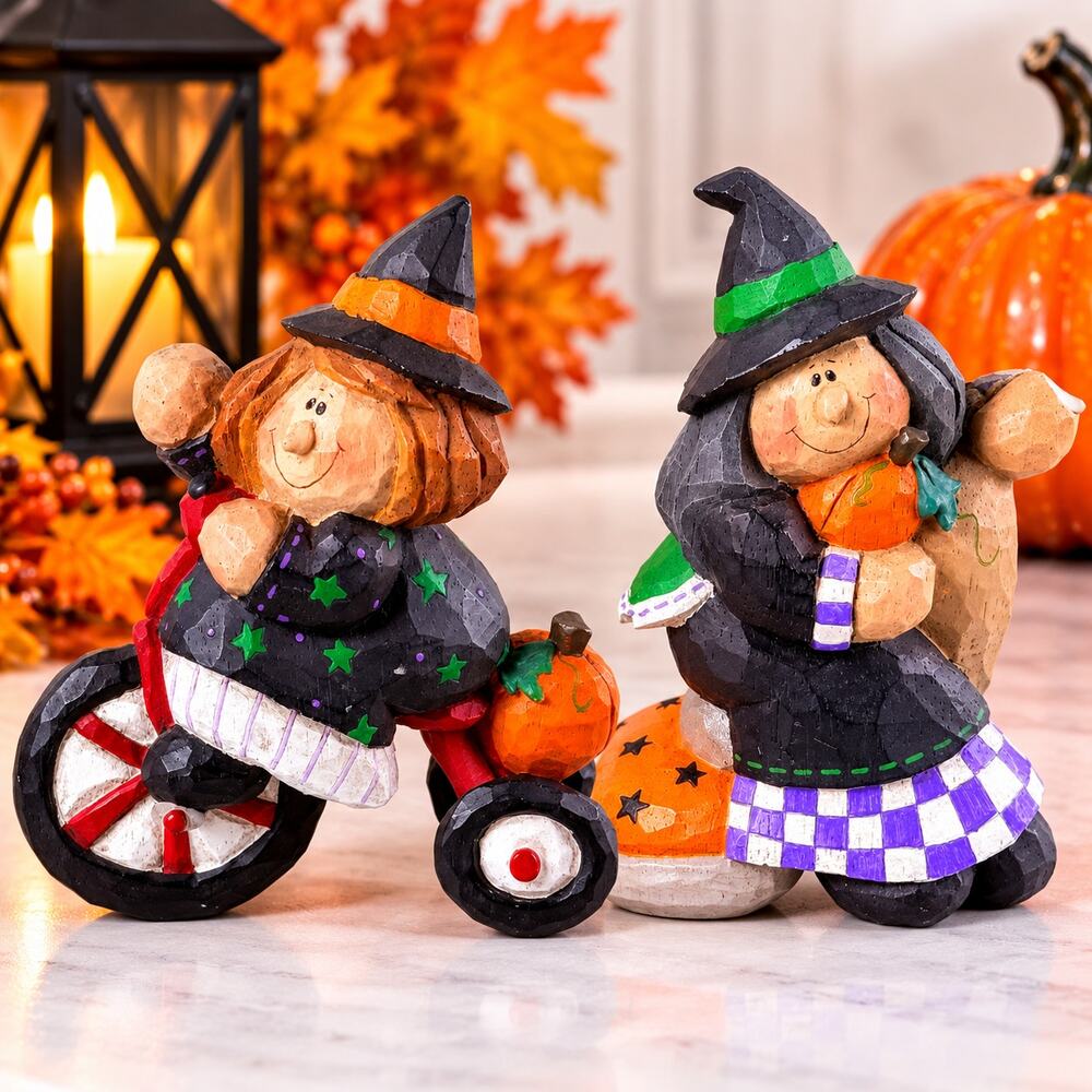 Midwest Cannon Falls Eddie Halloween Witches Set Bicycle Pumpkin Figurine READ!